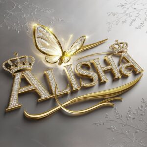 Golden 3D text 'Alisha' with diamond accents and a glass butterfly on a floral silver background." 