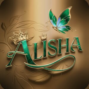 Sophisticated emerald-green logo for 'Alisha' with intricate gold details and a delicate butterfly."