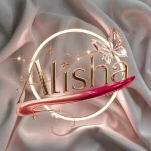 Elegant Alisha name DP glowing in soft gold-pink hues with a neon halo and celestial charm."