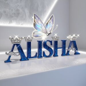 Sparkling sapphire-blue 'Alisha' text with diamond-like crowns, topped by a shimmering silver-blue butterfly