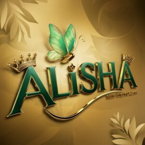 Emerald-green 3D 'Alisha' letters with golden crowns, topped by a graceful butterfly on a golden gradient