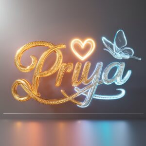 Priya logo in golden twitty design with neon lights and a gradient from orange to blue on a silver background."