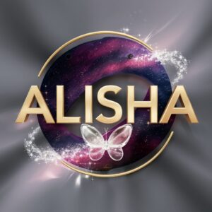 Beautiful celestial Alisha name DP featuring bold gold text and a sparkling glass butterfly."