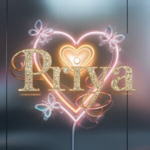 Priya name glowing in golden letters with vibrant neon lights and a heart on a silver background."