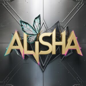 3D Alisha name DP featuring pixelated heart and a shattered-glass butterfly on a silver grid backdrop."