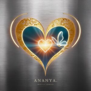 Golden Ananya font with vibrant orange-to-blue hues, accented by a radiant heart and butterfly."