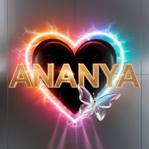 "A radiant name DP with 'Ananya' in golden letters, neon lights, and a glowing heart