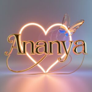 Stylish gold-lettered Ananya glowing with orange-blue gradients, heart, and butterfly on sleek silver."