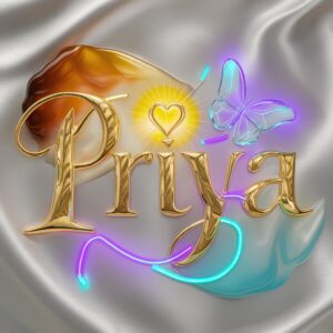 A heavenly "Priya Name DP" in polished gold with an ethereal glow and soft neon accents