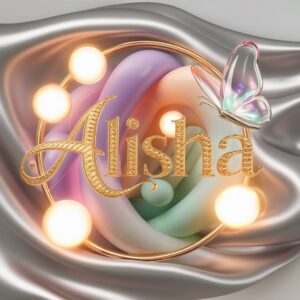 Alisha name DP with radiant golden letters blending into a pastel lilac-peach gradient."