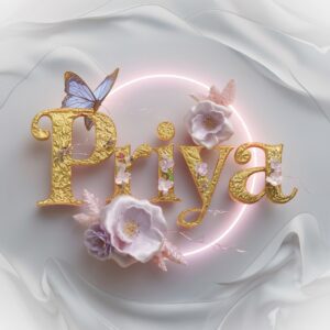 Priya text in gold, adorned with lilac and peach 3D flowers and soft neon on a silver gradient background