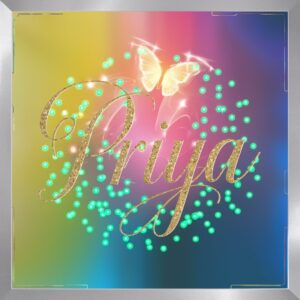 A fairy-like "Priya Name DP" with golden script and glowing neon dots in green and pink