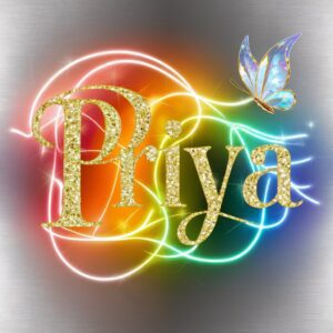 Radiant "Priya" Name DP with vivid neon colors and shimmering gold, set on silver.