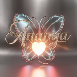 Ananya’s name DP shines with a glowing heart and delicate butterfly in neon and gold."