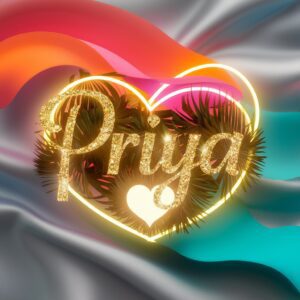 A tropical "Priya Name DP" glowing with sunset tones of orange, pink, and yellow.