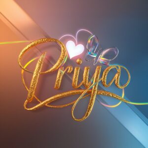 Stylish 'Priya' logo in gold and neon, featuring a glowing heart and serene colors on sleek silver."