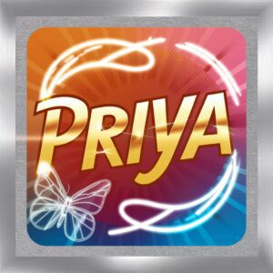 Bright and cheerful "Priya Name DP" featuring neon swirls and a fluttering butterfly.