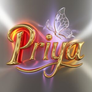 Whimsical "Priya Name DP" with golden text and a glowing butterfly in lavender hues.