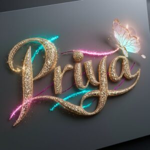 Sparkling "Priya Name DP" in golden tones, surrounded by glowing neon stars.