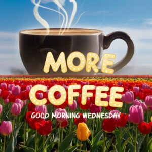 A field of tulips glowing under the sunrise, with a giant coffee cup and "More Coffee" near "Good Morning Wednesday."