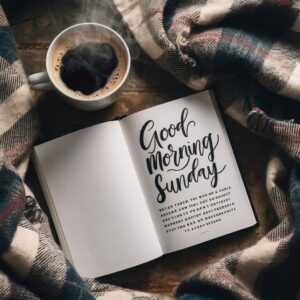 Flat-lay of coffee on wood with a plaid blanket and 'Good Morning Sunday' in elegant font