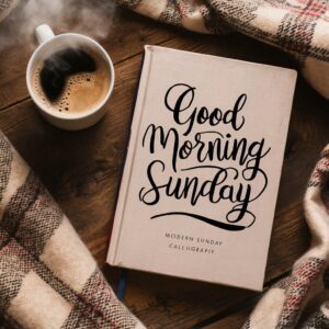 A flat-lay scene of coffee, a blanket, and stylish 'Good Morning Sunday' cursive text."