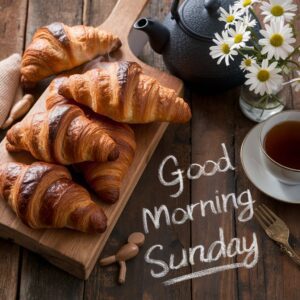 A cozy morning table with croissants and flowers, inviting a peaceful Sunday vibe