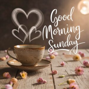 A heartwarming teacup scene on a rustic table for Good Morning Sunday visuals