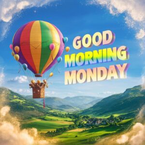 Uplifting Monday vibes with glowing text and vibrant hot air balloons soaring high.