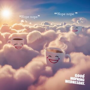 Fluffy clouds shaped like coffee mugs float in a bright blue sky with 'Good Morning Wednesday' text