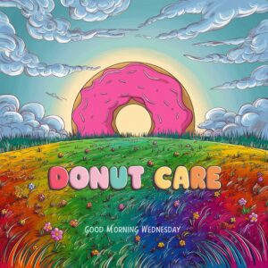 A colorful sunrise with a giant pink donut glowing in the sky and 'Good Morning Wednesday' text."