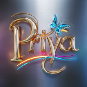 Golden twitty and neon-themed 'Priya' logo with sleek design and gradient hues on metallic silver