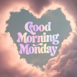 Pastel-colored clouds forming a dreamy heart with 'Good Morning Monday' in soft gradient text."