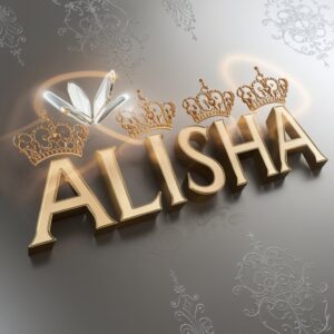 Elegant 3D gold logo 'Alisha' with tiara details and a radiant butterfly on a soft silver gradient."