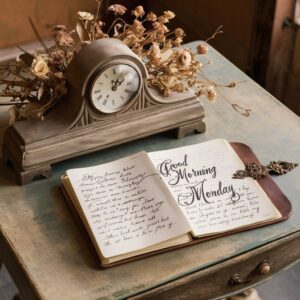 Rustic wooden table with an antique clock and dried flowers, text reads 'Good Morning Monday' in calligraphy."