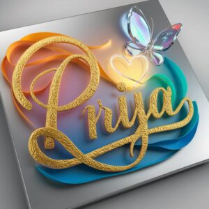 Luxurious 3D 'Priya' logo with golden textured strokes, neon highlights, and gradient hues on silver."