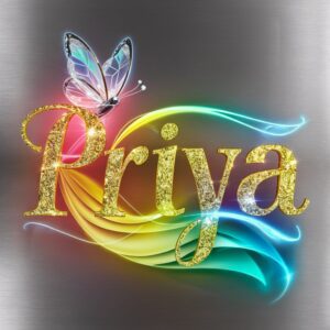 Vibrant "Priya Name DP" with a rainbow gradient and sparkling golden letters.