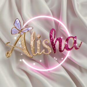 Alisha name DP with shimmering gold-pink gradient, twinkling stars, and a radiant glass butterfly."