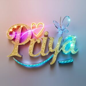 Elegant golden "Priya Name DP" with a gradient of orange to blue, set against a silver backdrop.