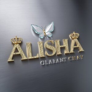 Luxurious Alisha name DP featuring glowing sapphire heart and delicate butterfly accents