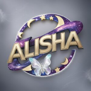 Alisha name DP showcasing starry accents and bold letters with cosmic gradient hues