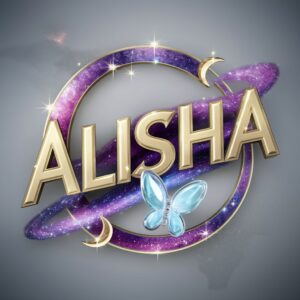 3D Alisha name DP with galaxy effects, luminous swirls, and a mystical silver backdrop