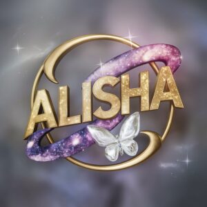 Alisha name DP in galaxy-inspired purples and blues, with glowing stars and a crescent moon design