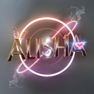 Alisha name DP with sleek gold-to-purple gradient letters and glowing neon rings."