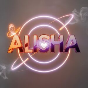 Mystical Alisha name DP with fiery colors, neon accents, and a smoky silver backdrop." 