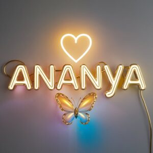 Radiant logo design of Ananya with shimmering gold, glowing heart, and vibrant glass butterfly