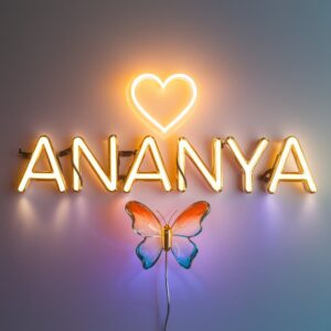 Elegant Ananya logo in gold and neon hues, accented by a luminous heart and butterfly."