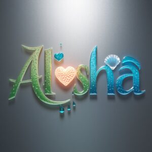 Captivating Alisha name DP with shimmering blue-green letters and seashell accents."