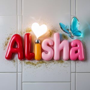 Charming Alisha name DP with bright candy tones and a sparkling butterfly detail." 