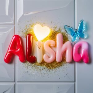 Alisha name DP with glossy letters, glowing accents, and a fresh, lively vibe